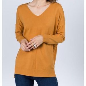 Dark mustard yellow V-neck casual sweater tunic.
